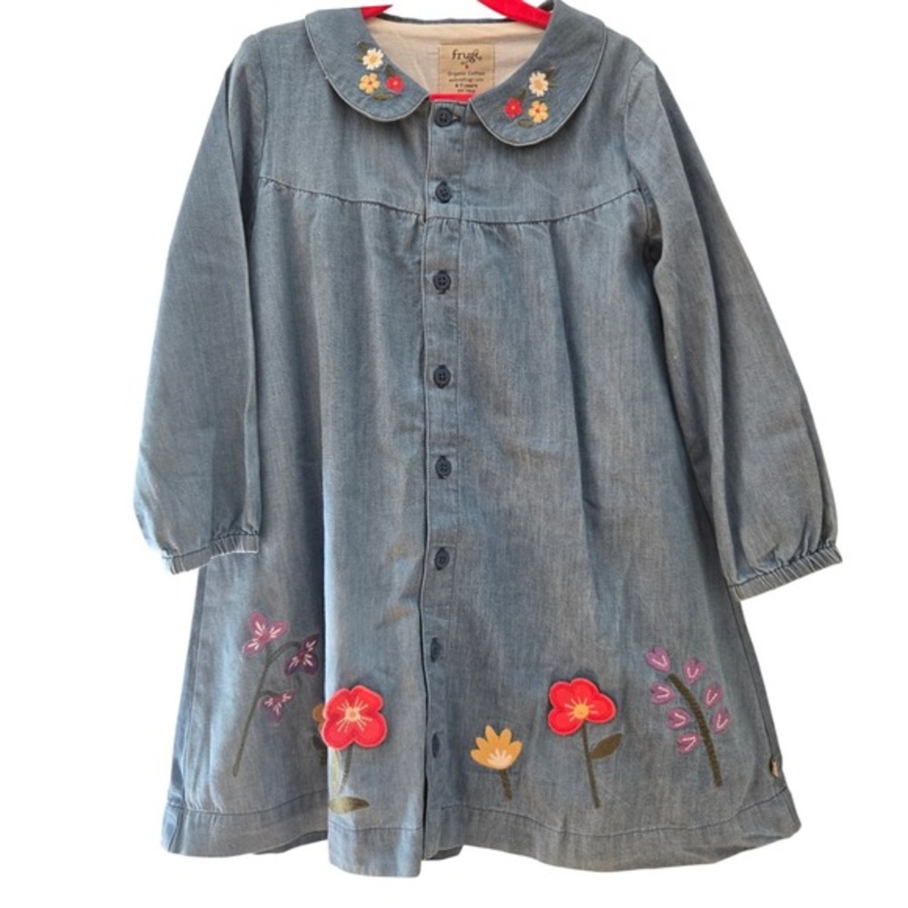 Frugi Organic‎ Cotton Denim Floral Embroidered Dress Blue Kids 4-5 Years 110cm
